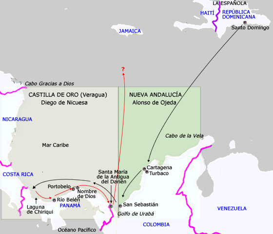 6 de Junio de 1508. Nicuesa en Veragua, Ojeda en Nueva Andalucía.