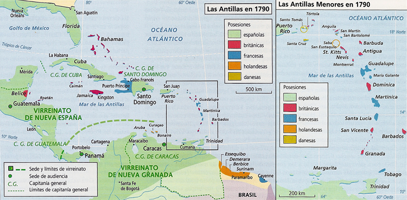 Posesiones europeas en las Antillas. Año 1790